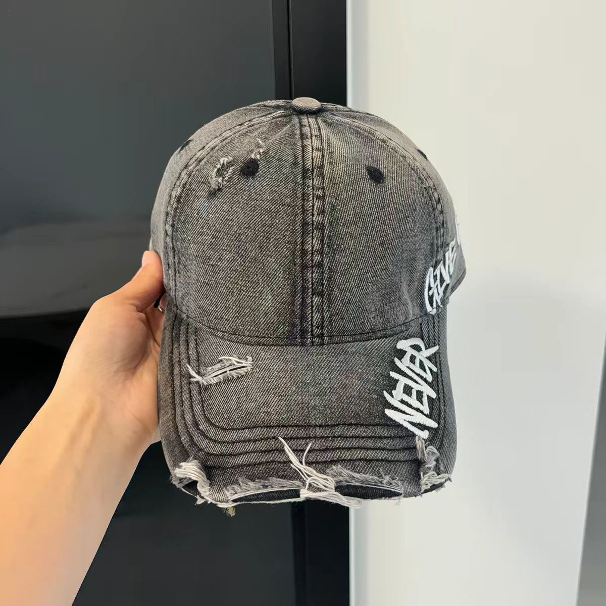 Grey NGU ripped denim cap