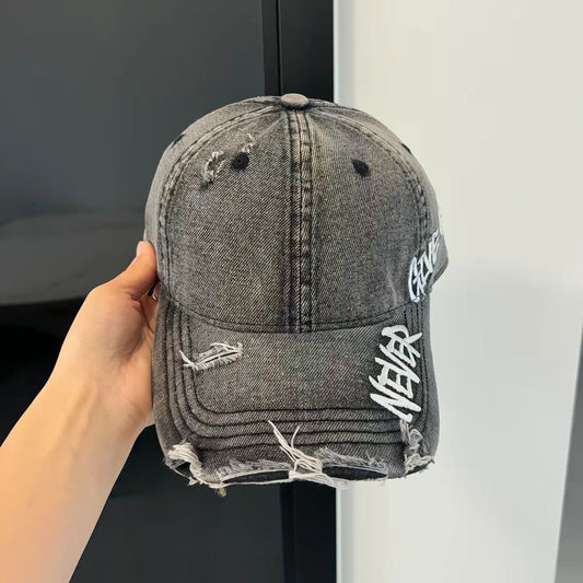 Grey NGU ripped denim cap