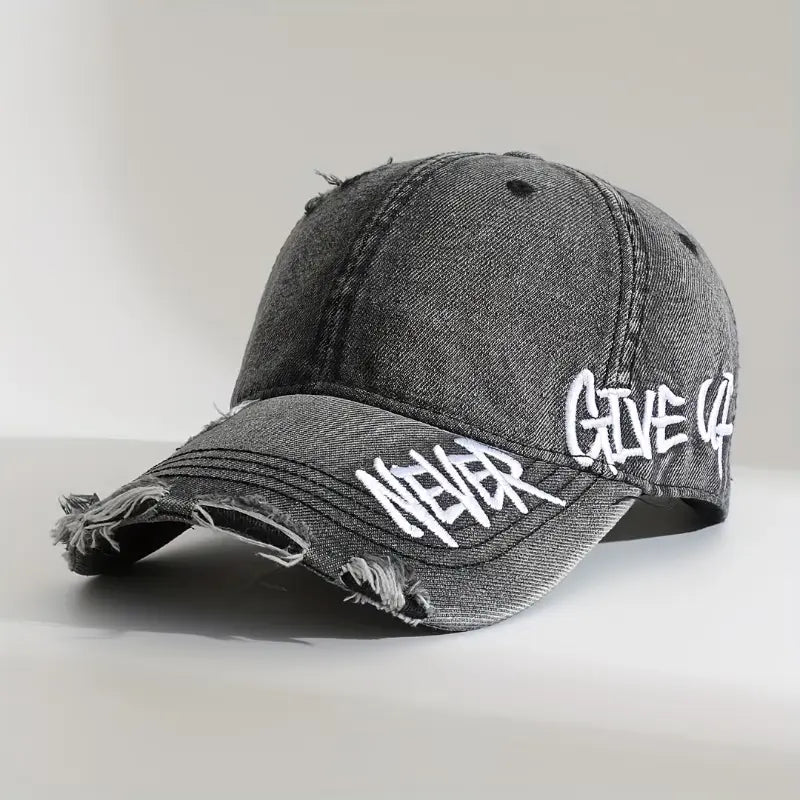 Grey NGU ripped denim cap