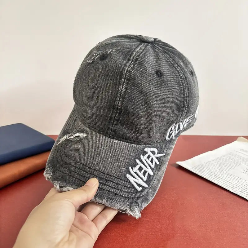 Grey NGU ripped denim cap