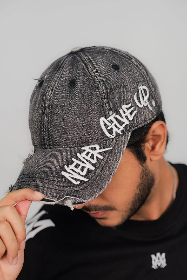 Grey NGU ripped denim cap